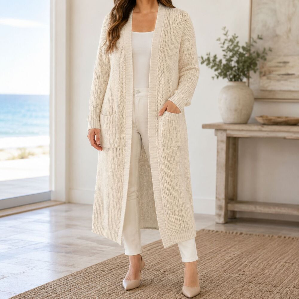 Torrid 1 Plus Open Knit Duster Cardigan Sweater Long Pockets Cream Boho